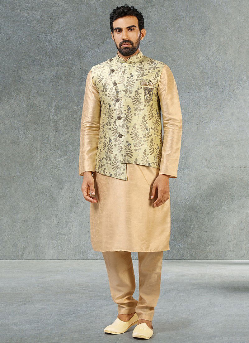 Sea Green Colour Latest Party Wear Jacquard Banarasi Silk Digital Print Kurta Pajama With Jacket Mens Collection 1045